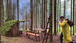 48 hours rainy solo bushcraft,bench and table making,wooden ladder,outdoor cooking (asmr)