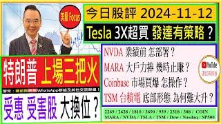 特朗普上場 受惠&受害股 大換位/TSLA 3X超買 發達有策略/NVDA業績前怎部署/MARA大戶力捧 幾時止賺/COIN市場買爆 怎操作/TSM底部形態 為何難升/2024-11-12