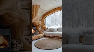 Cozy cabin with flowing wood design, snowy views, and a warm, inviting fireplace.