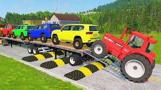 Flatbed Trailer Truck Potholes Transport Car Portal Trap Rescue - Cars vs Speed Bumps - BeamNG.drive