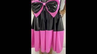 Maid Short Sleeve Pacthwork Flared Dress Sweet Frills Bow Fancy Maid Dress Wet Look PVC Cospaly
