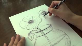 How to draw a vase, roses, lilacs pen and crayon