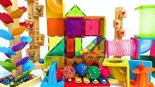 Marble Run ASMR Race  HABA Slope & Dump Truck Excavator Ambulance Forklift Garbage Truck Tractors#1