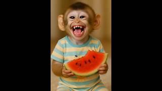 baby monkey eating watermelon  