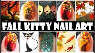 FALL NAIL DESIGNS - FALL KITTY ANIMAL NAIL ART TUTORIAL HALLOWEEN BLACK CAT NAIL STICKERS AUTUMN