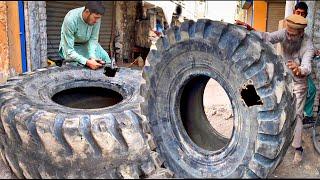 Incredible technique of Repair Huge Caterpillar Tyre | Crazy Mechanic |