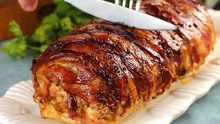 Surprise your guests at Christmas dinner! Juicy Stuffed Pork Loin in bacon.