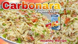 Creamy Pasta Carbonara Recipe Filipino Style with Ham & Mushroom