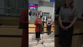 Kari Gares introduces MLA Harwinder Sandhu at Salvation Army Thrift Store Grand Opening