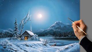  Acrylic Landscape Painting - Full Moon Winter / Easy Art / Drawing Lessons / Satisfying Relaxing.