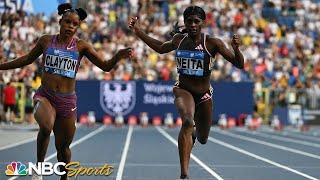 Tia Clayton of Jamaica drops a 10.83 to earn her 1st DL 100m victory by just thousanths | NBC Sports