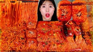 ASMR MUKBANG| Fire Spicy foods (Stir-fried Udon, Noodles-Rice paper wrap, Cuttlefish, Mushroom).