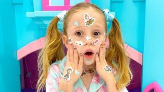 Nastya pretends that she has a sticker pox and goes to Dad