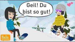 Deutsch lernen mit Dialogen | Sofia verliebt sich beim Skifahren. | Grammatik Konjunktiv 2