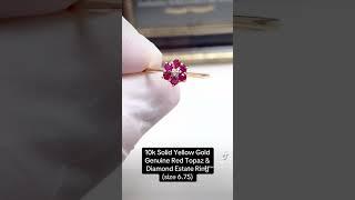 10k Solid Yellow Gold Genuine Red Topaz & Diamond Estate Ring (size 6.75)