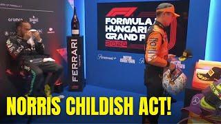 Lando Norris acting childish to Lewis Hamilton and throwing P2 cap during cooldown room