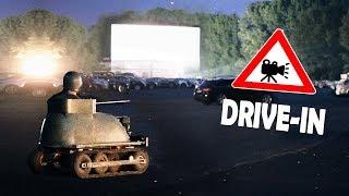 Driving ito the DRIVE - IN with our homemade TANK!