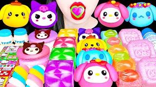 ASMR FRUITS RICE CAKE| KUROMI, CINNAMOROLL, MY MELODY, SANRIO MOCHI 시나모롤, 쿠로미, 마이멜로디 화과자 떡먹방 MUKBANG