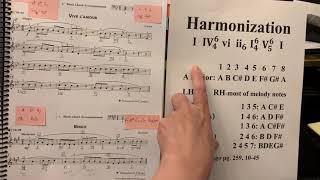 Harmonization, Bingo, 10-45, pg. 259 in A & F majors, using I IV vi ii6 V7 chords