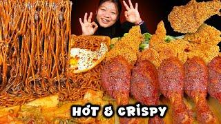 Hot & Crispy Chicken Mukbang | Extremely Spicy Fried Chicken With Black Bean Noodles & Kimchi