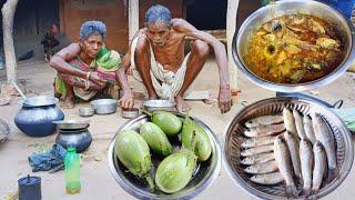 90years old grandma cooking SMALL FISH curry with LADYFINGER and eating || poor family lifestyle