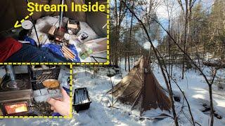 24 Hours Winter Camping With MRE Meals And Tiny Stove, With Stream Inside The Tent