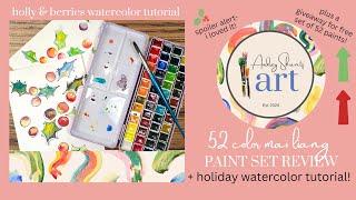 Holly & Berries WATERCOLOR TUTORIAL + Mei Liang 52 color PAINT SET REVIEW