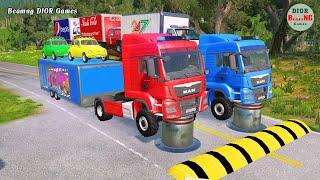 Double Flatbed Trailer Truck vs speed bumps|Busses vs speed bumps|Beamng Drive|1007