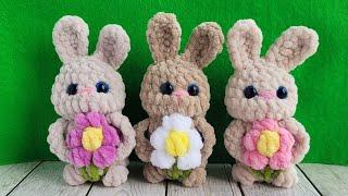 Цельновязаный ЗАЙЧИК с цветочком из плюшевой пряжи crochet bunnyHäkelhase