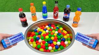 Mini Plastic Balls VS Popular Sodas !!! Coca cola, Fanta, Sprite, Sting, Pepsi, Mentos in the toilet