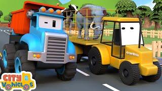 Construction vehicles building New road-Bulldozer, Excavator ,Drill Truck and Dump Trucks for Kid