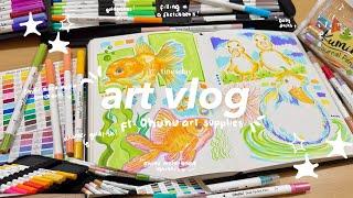 cozy art vlog  filling in my sketchbook using Ohuhu water-based markers and dot journal pens