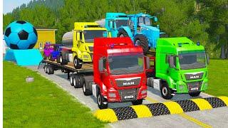 Double Flatbed Trailer Truck vs Speedbumps Train vs Cars | Tractor vs Train Beamng.Drive168