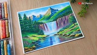 Mountain Waterfall Nature Scenery Drawing with Oil Pastel - Step-by-step 