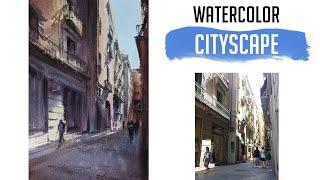 Watercolor cityscape. Narrow street in Barcelona.