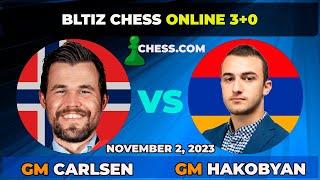 Magnus Carlsen vs GM Aram Hakobyan | Blitz Chess 3+0 | ChessCom | November 2, 2023