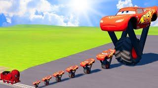 Big & Small One-Wheel Monster Truck Lightning McQueen VS Spider-man Tank Engine Train - BeamNG.drive