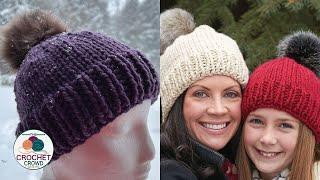 Left Hand: Bernat Beginner Free Knit Hat Pattern for Kids & Adults