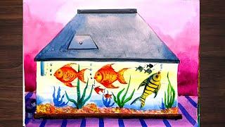 Fish aquarium drawing with watercolour step by step/Aquarium fish tank drawing