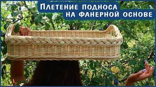 Плетение подноса из лозы, ивового прута на фанерном основании.