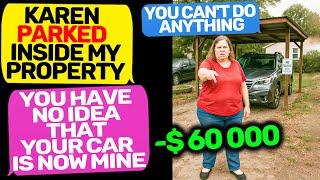SMUG KAREN PARKED ON MY LAND! Neighbor! Now I Am the owner of your car r/MaliciousCompliance