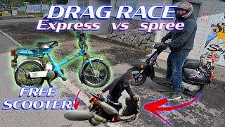 Drag Racing a Honda Express NC50 & Spree, & Crashing a scooter.