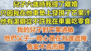 （完結爽文）兒子六歲時我提了離婚，只因我在他車墊上發現了芒果汁，他有潔癖從不許我在車裏吃零食，我的兒子對芒果過敏，他們父子—條心是在為誰遮掩？答案不言而喻！#情感#幸福生活#出軌#家產#白月光#老人