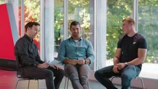 Audi Ireland Brand Ambassadors Rob Kearney and Garry Ringrose exchange insights with Dermot Whelan.