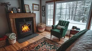 Cozy Snow Cabin Fireplace Ambience | Peaceful Day of Winter Serenity