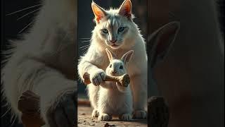  Blue-Eyed White Cat Saves Falling Rabbit!  #Shorts #ai #rabbitrescue #cuteanimals #animalrescue