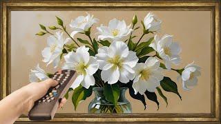White Floral TV Art Screensaver. 4K Frame TV Hack. Gold Framed Summer Flowers Still Life Painting.