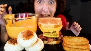 CHEESY BREAKFAST FEAST! BURGERS  FRIED BAO HASH BROWNS *ASMR MUKBANG NO TALKING * NOMNOMSAMMIEBOY