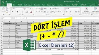 Excel Dersleri (2) Toplama, Çıkarma, Bölme, Çarpma ve Ortalama