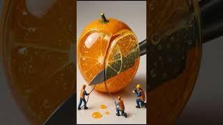 Cutting a Giant Transparent Orange?!  Mini Workers in Action (ASMR Edition)